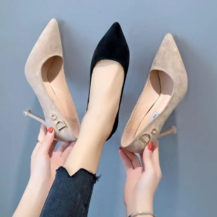 

Black Beige Suede High Heels Womens Shoes Pointed Toe Shallow Ladies Pumps Side Metallic DO Letter Female Stiletto Zapatos Mujer