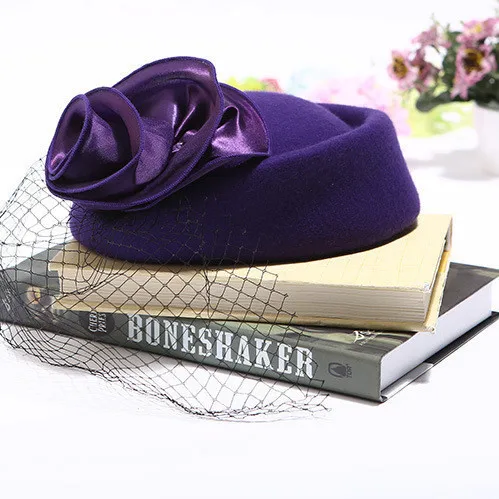 

Wool Felt Winter Women Hat Brand Quality Classic Solid flower Beret Caps Elegant Church Hat Wedding Fedora flat Formal hat