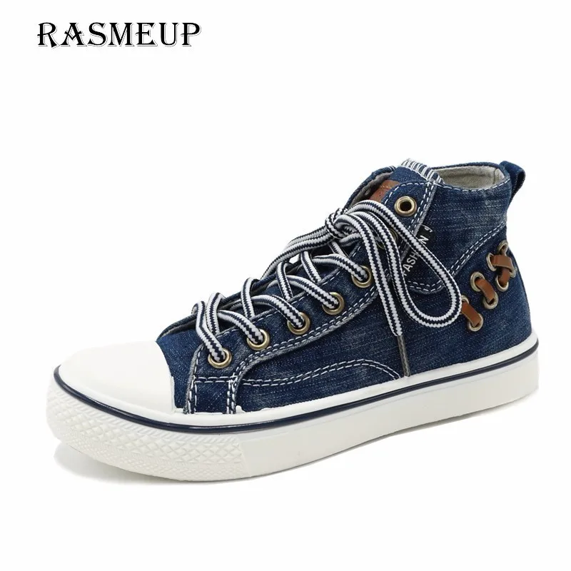 

RASMEUP High Top Women's Canvas Sneakers 2018 New Fashion Denim Flat Women Ankle Vulcanized Shoes Lace Up Ladies Woman Footwear