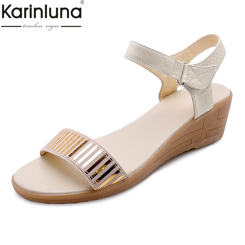 

Karinluna Comfort Women Sandals Wedges Genuine Leather Women Platform Shoes Woman Metal Decorate Summer Beach Shoes