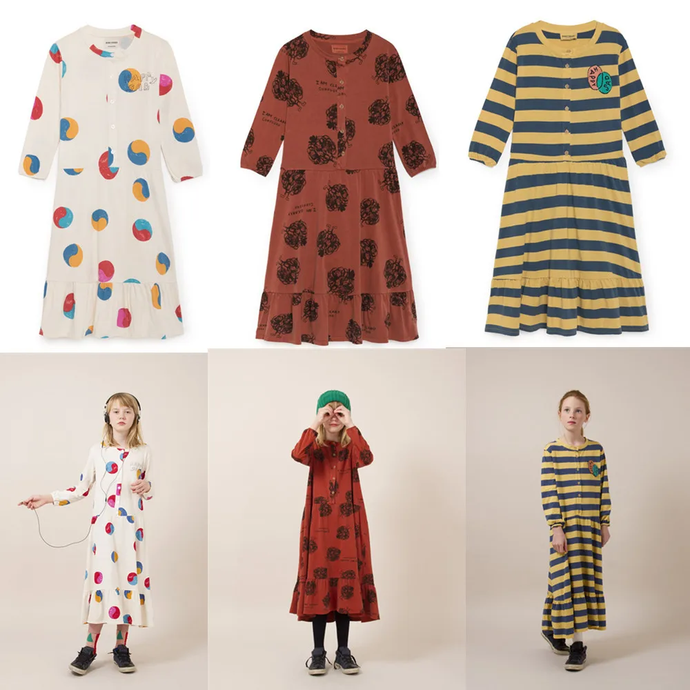 

1-11Y Children Girls long dress Rainbow Flounce Dress Long Sleeve Cotton Buttons Dress Presale Bobo Choses 2018 Autumn New Winte