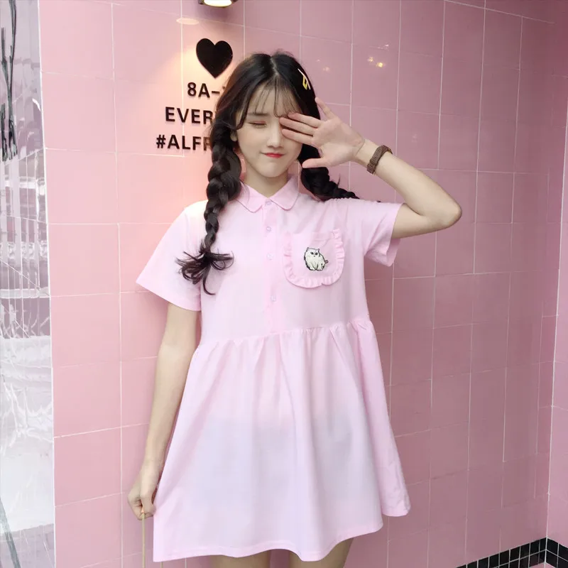 

Sweet Pocket Cat Embroidery Women Dress Short Sleeve Turn-Down Collar Student Dress Splicing Loose A-Line Dress Summer