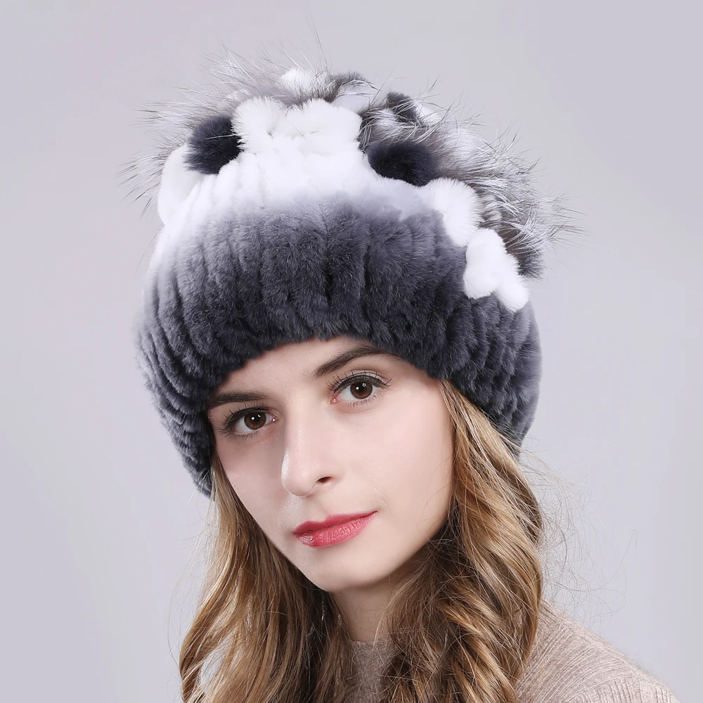 Comprar Rusia mujer piel de conejo Rex auténtica sombreros al aire libre elástico tejido 100% piel auténtica de conejo Rex gorra invierno cálido piel Real gorros