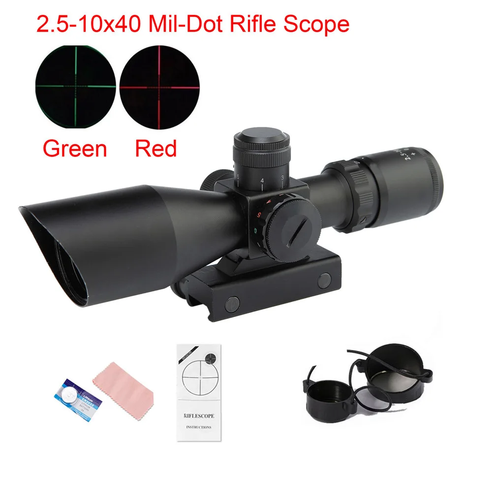 

2.5-10X 40 Mil-Dot RifeScope Green and Red Dot Optical Sight Hunting Rifle Scope ShockProof Waterproof Fogproof RifeScope