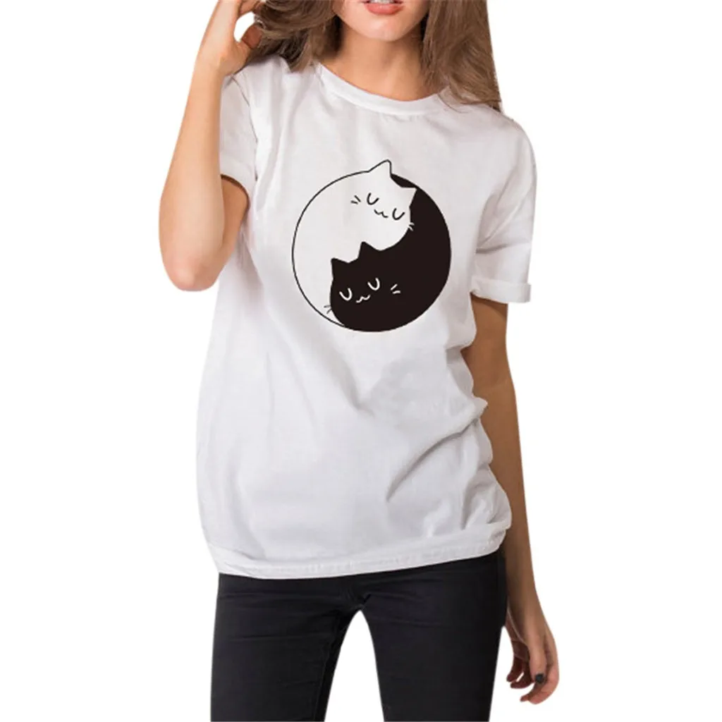 

CHAMSGEND Shirt Tai Chi Cat Print Women Tees Casual Funny T-shirts For Lady Girl Top Tee Hipster Women O-Neck Loose Tops 5.JAN.3