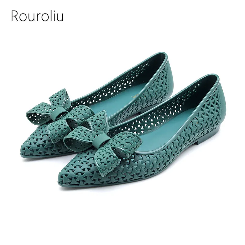 

Rouroliu Women Summer Pointed Toe Bowknot Jelly Shoes Hollow Out Beach Sandals Non-Slip Waterproof Rain Shoes FR121