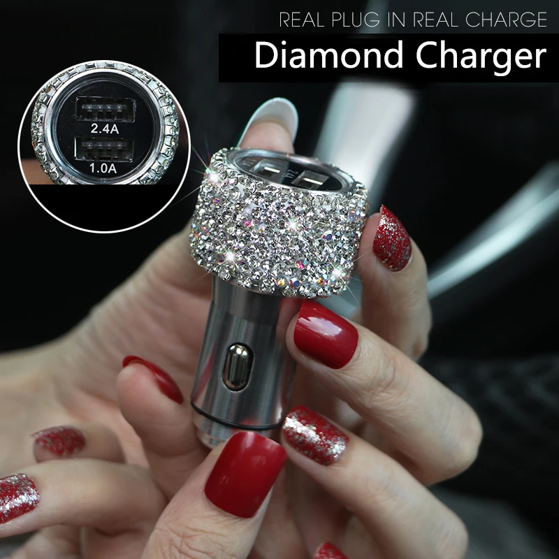 Dual USB Car Charger For Mobile Phone Tablet GPS Fast Charger Crystal Diamond Phone 3 Data Line Wire in Car Cigarette Lighter