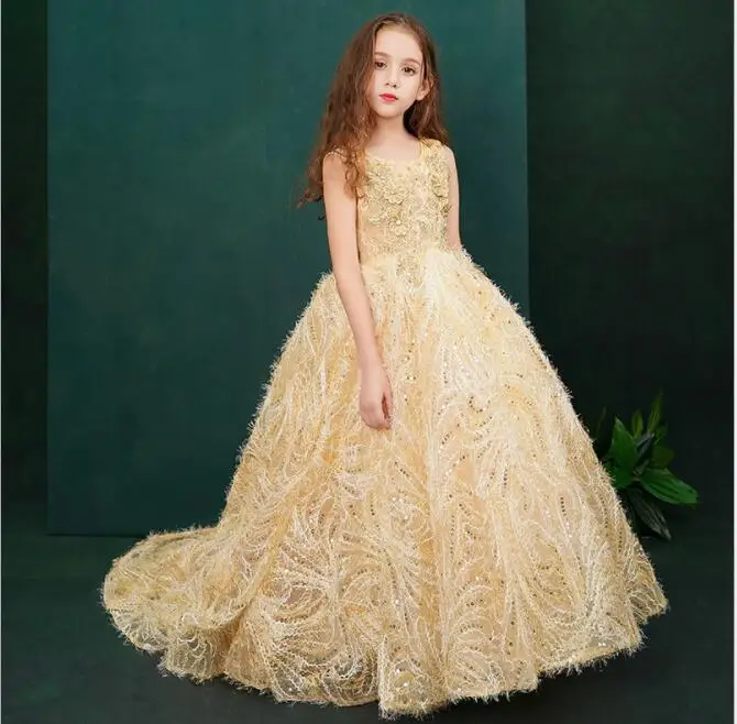

Girl Wedding Pageant Dresses Elegant Gold Sequin Tulle Lace First communion Gown Kids Party Evening Formal Princess Tutu Dresses