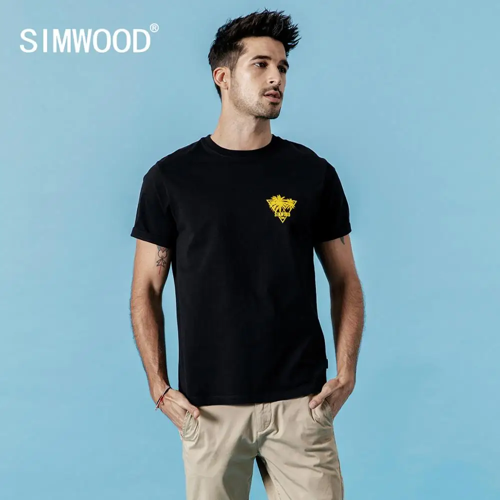 

SIMWOOD 2019 summer new palm tree print t shirt men 100% cotton causal tshirt short sleeve breathable holiday t-shirts 190230