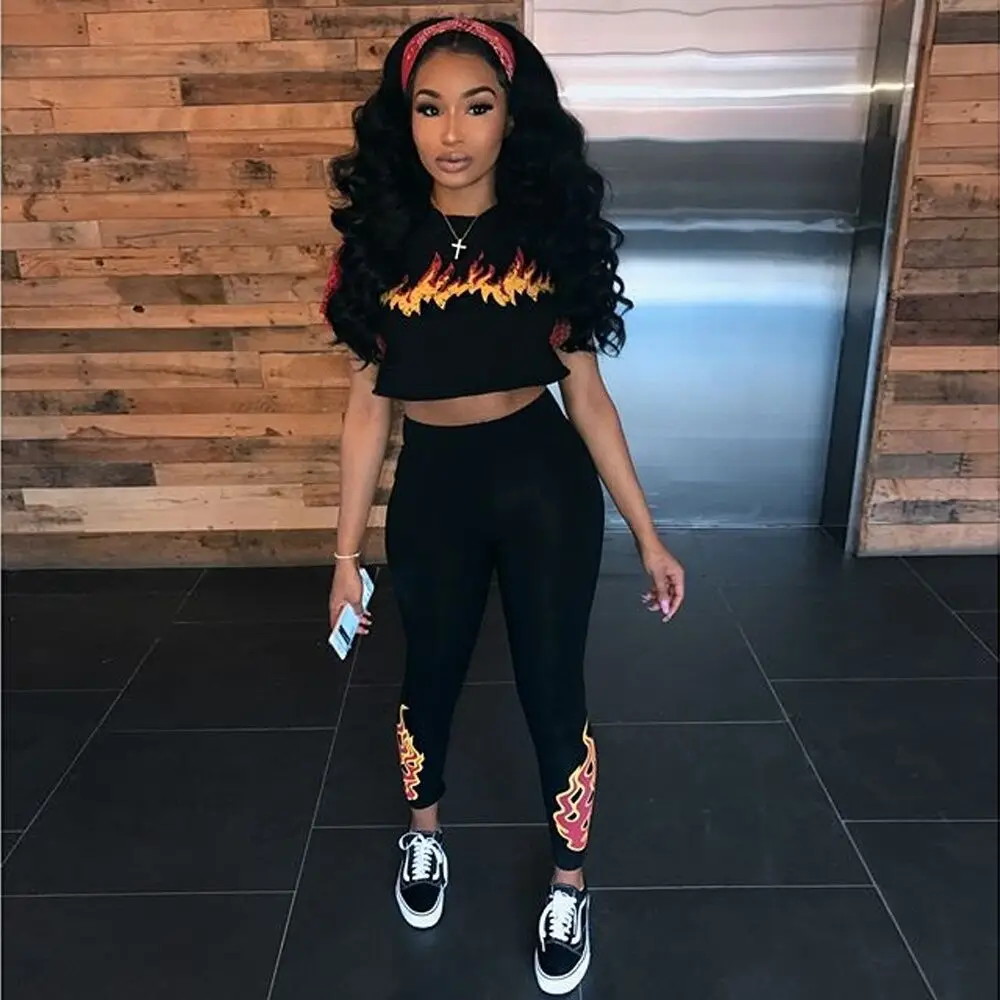 

2 Piece Set Women Suit Crop Top Legging Fire Flame Print T Shirt Pants Outfits Female Two Piece Set Tracksuit Track Suit WS017
