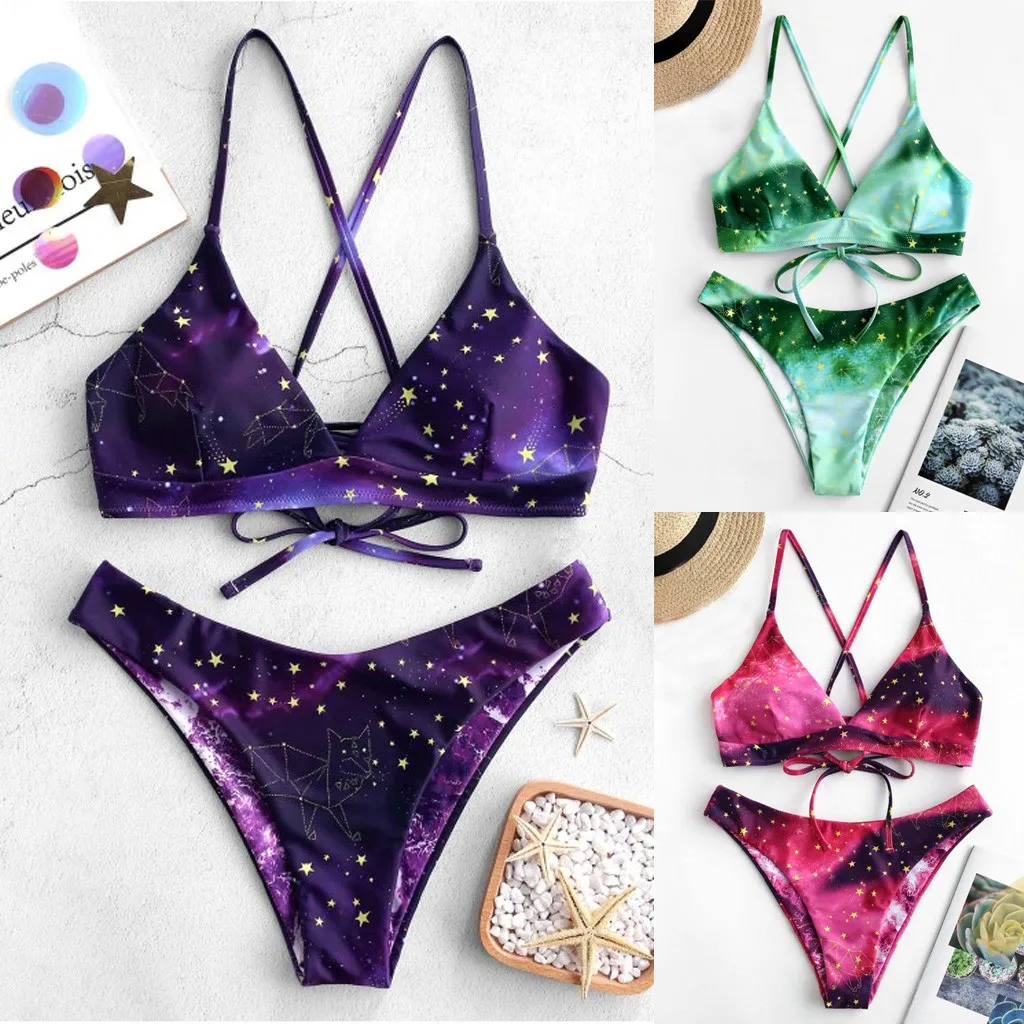 

Ladies Separate Sexy Suspender Star Gradual Printed Bikini Pure-color Swim Suit 2019 New Arrival Halter Women Bikinis#es