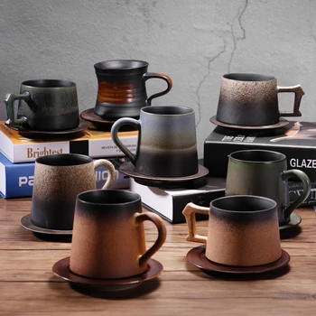 

Creative Ceramic Pottery Cafe Coffee Cup with Saucer Spoon Kit Vintage Drinkware Large Capacity Breakfast Milk Mug Birthday Gift