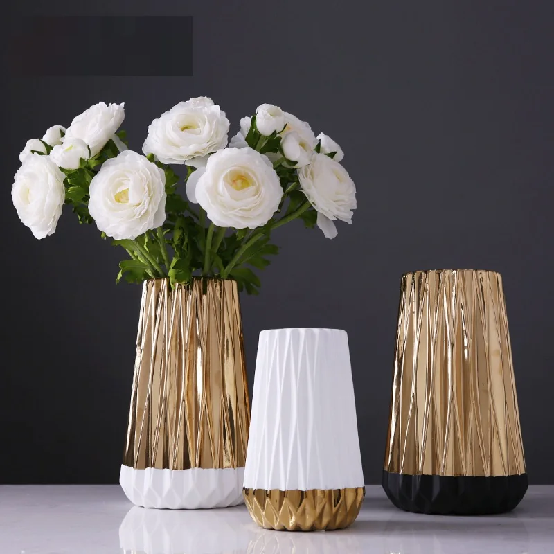 

Golden Ceramic Vase Simple Home Living Room Bedroom Dining Table Flower Arrangement Home Decoration Ornaments R710