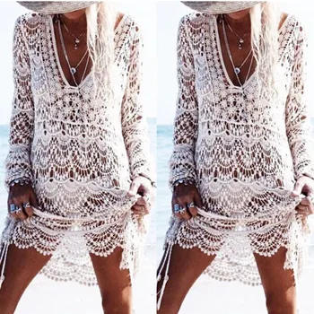 

Sexy Sarongs Bikini Beach Lace Kintted Embroidery Crochet Beach Cover Up Bathing Suit Pareo White Robe De Plag Women Cover-Ups