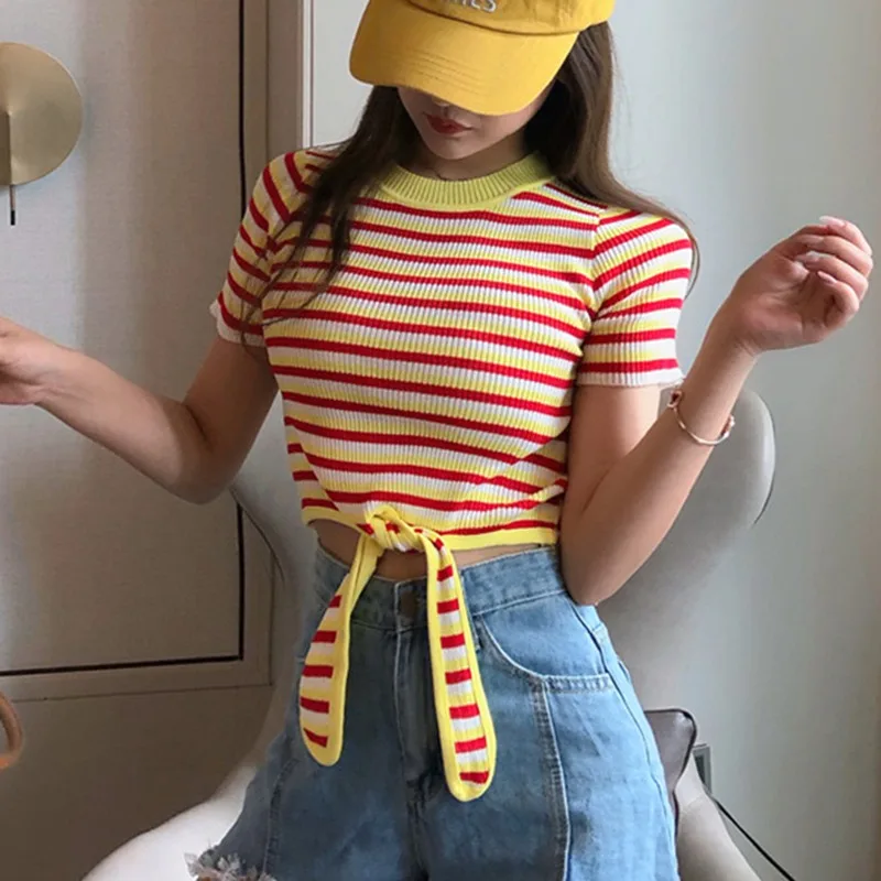 

Women Summer T Shirt Fashion Striped Short Sleeve T-Shirt Femme Korean Casual O Neck Bandage Knitted Crop Top Women Clothes