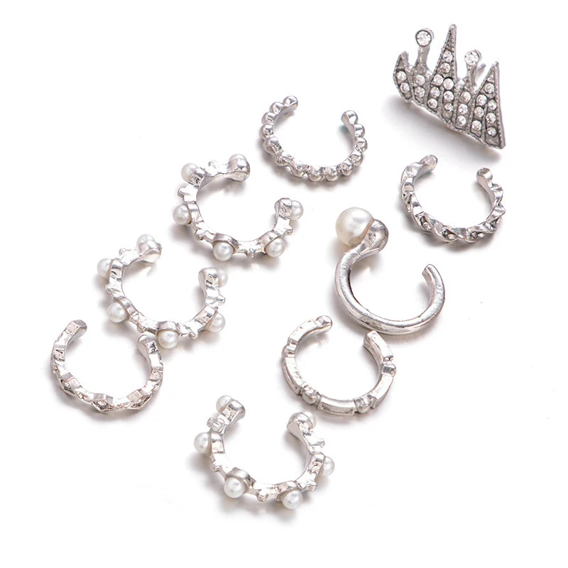 

9PCS Boho Ear Cuff Brincos Simulated Pearl Ear Clip Earrings Set Women Statement Bohemia Crystal Ear Cartilag Earrings Jewelry