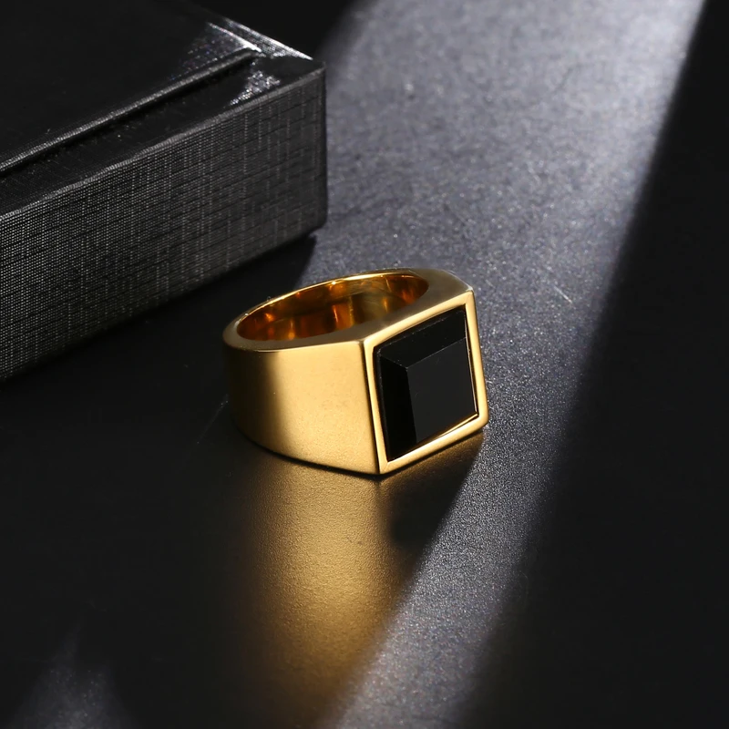 

Hip Hop Stainless Steel Obsidian Natural Stone Wedding Square Rings Rock Ring For Men Women Jewelry Dropshipping