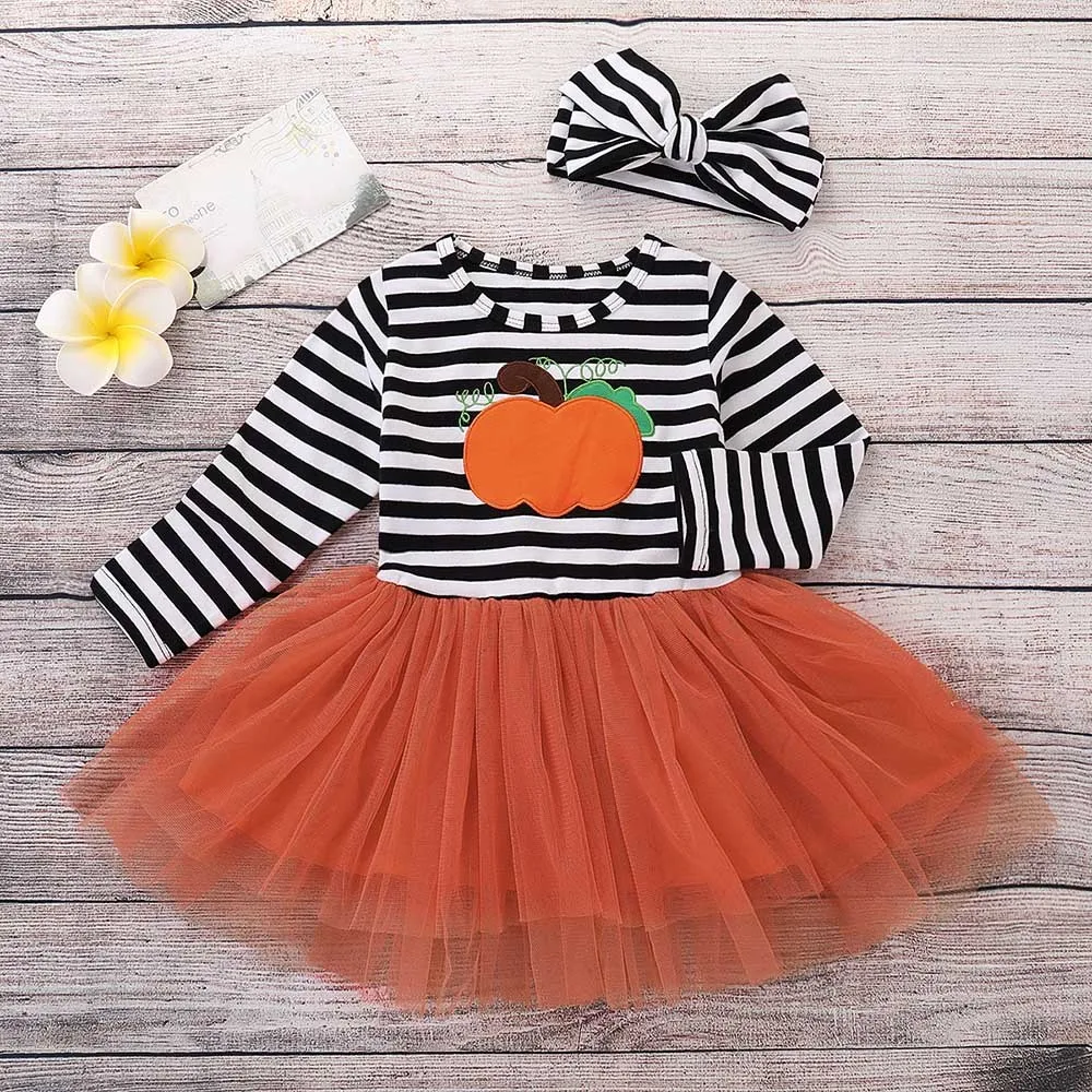 

Children's long sleeve Halloween pumpkin print stripe dress + Hair Strap Two Set Baby girl clothes 2018 #YL5