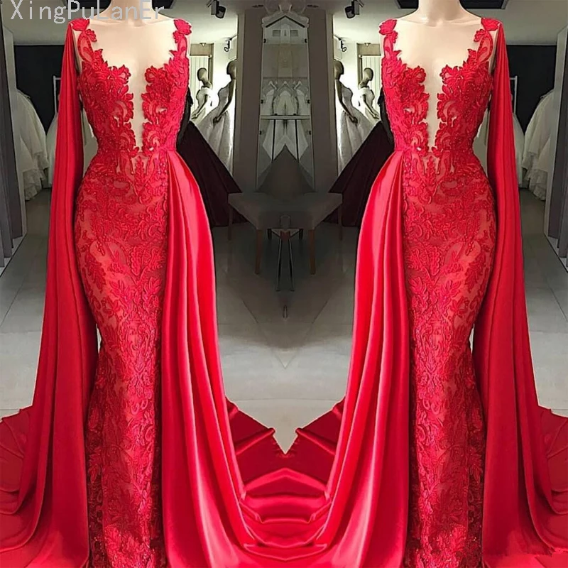 

Red Muslim Evening Dresses 2019 Mermaid Lace Appliques Plus Size Islamic Dubai Saudi Arabic Long Evening Gown Prom Dresses