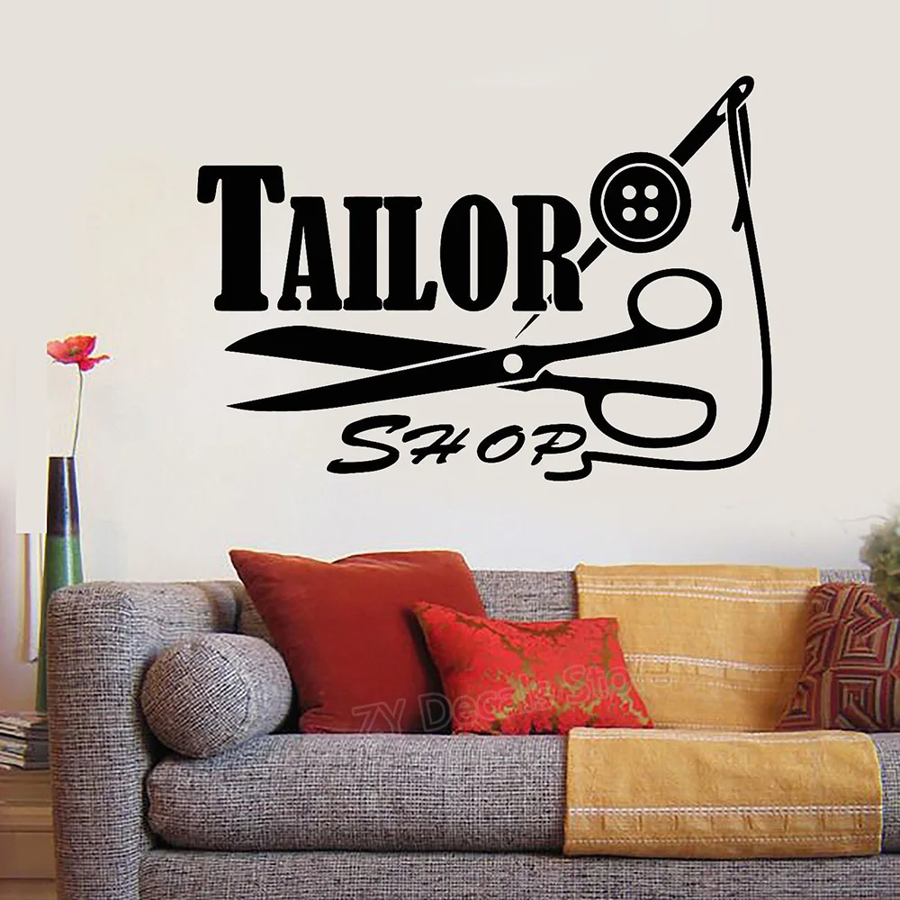 

Tailor Shop Logo Sign Decal Wall Sticker Threads Needle Scissors Stickers Home Wall Decor Murals adesivoe de parede Z893