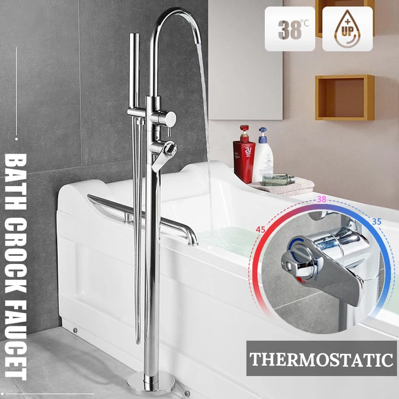 

Contemporary Chrome Bathroom Tub Mixer Tap Two Model Switch Bathroom Thermostatic Faucet Floor Mount Tub Tap With Handle Shower