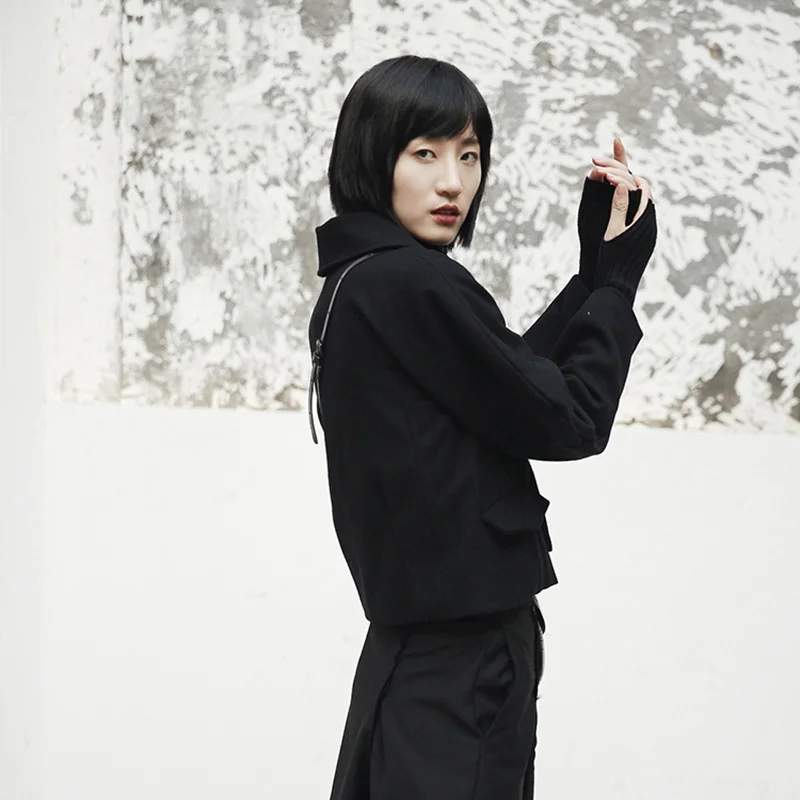 [EAM] Новое весеннее однобортное черное свободное Короткое шерстяное пальто с лацканами и длинным рукавом Женская куртка модный тренд JI500