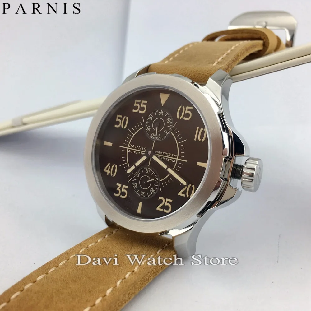 

44mm Parnis Silver Case Luminous Hands Dial Leather Strap PowerReserve Automatic Mens Wristwatch