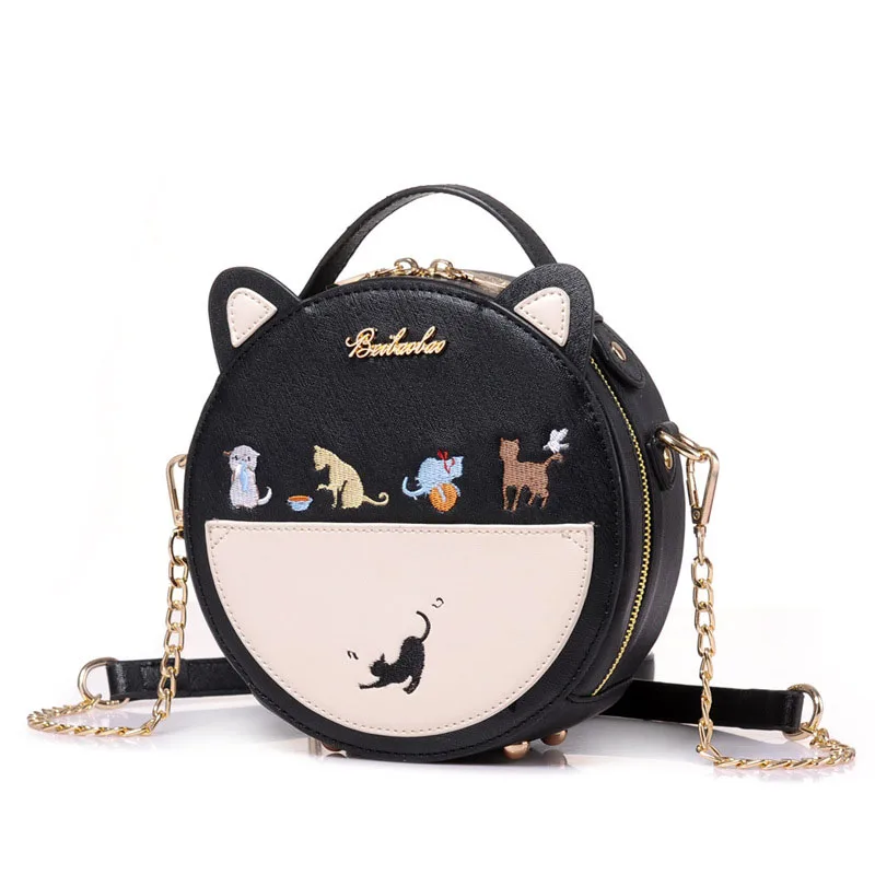 Cute Embroidery Cat Messenger Bag Women Small Circular Ears Crossbody Bags Teenage Girls Chain Shoulder Bag Mini Handbag XA25B - Цвет: Black