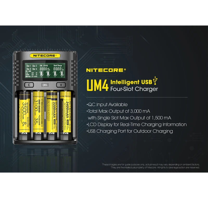 Nitecore UM4 USB Четыре слота QC зарядное устройство интеллектуальная схема глобальное