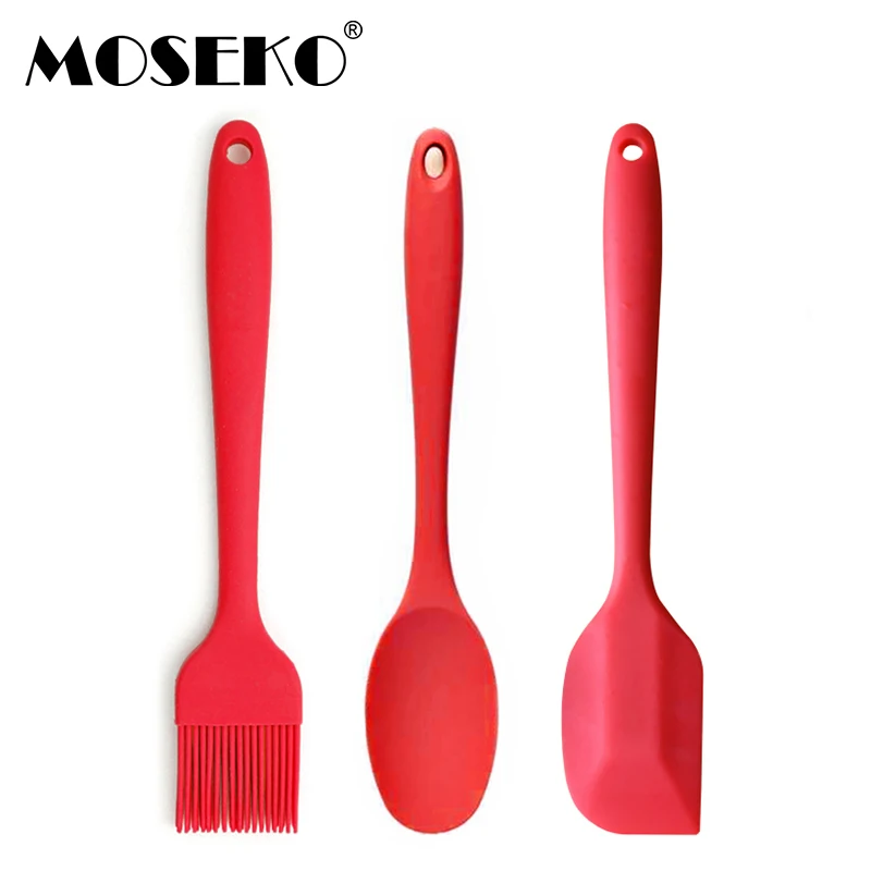  MOSEKO 3pc/set Silicone Baking Tool Pastry Butter Cream Spatula Scraper Oil Brush Mixing Spoon Cake