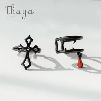 

Thaya Cross Vampire Punk Vintage Ear Clip s925 Silver Non-Piercing Wrap Cuff Earrings for Women Black Earring Jewelry