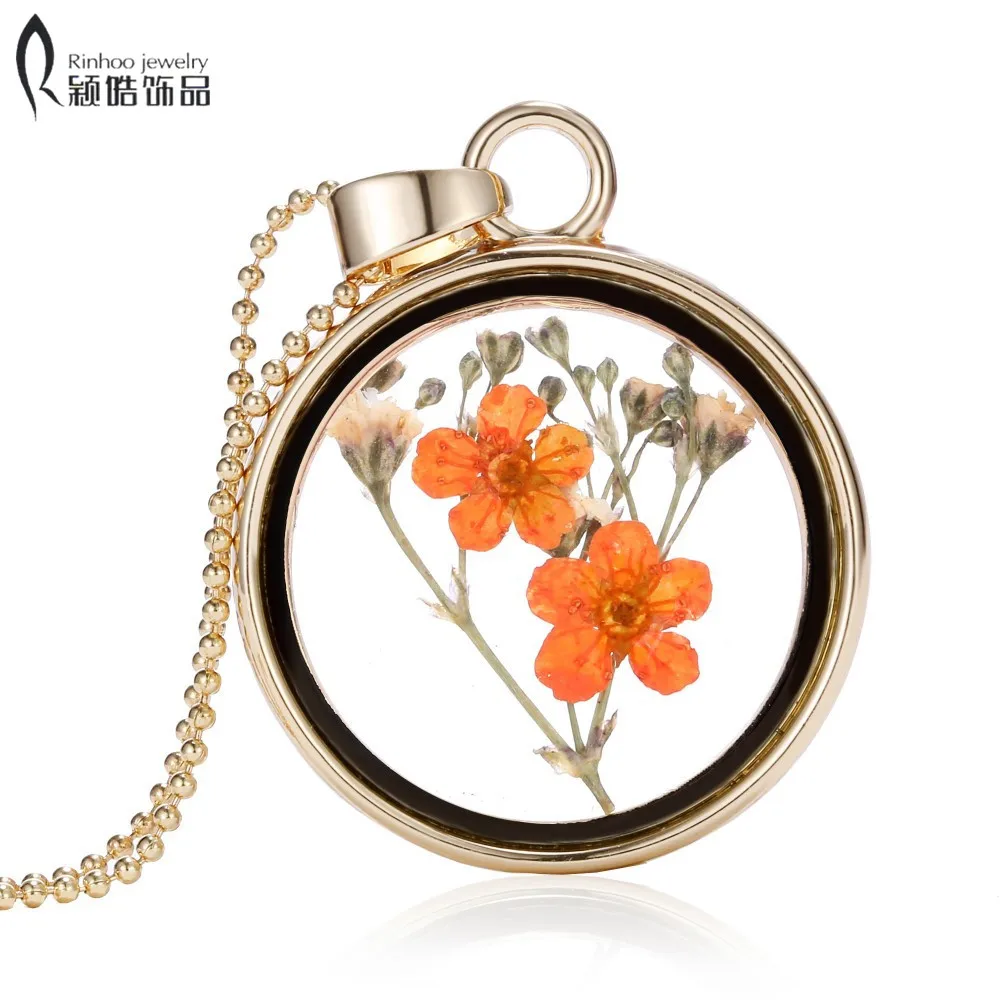

Fashion gold necklaces pendants for women DIY real air dried flower memory locket glass necklaces & pendant for women girl