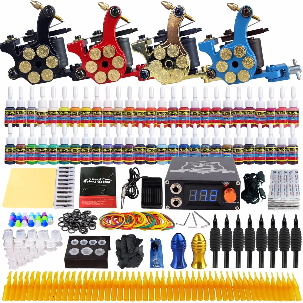 

Solong Tattoo Complete Tattoo Kit 4 Pro Coil Machine Guns Set 54 Inks 5ml Power Supply Needle Grips Tips TK458