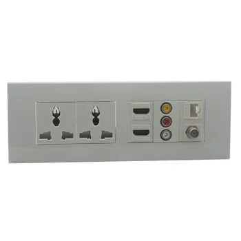 

118 wall plate with universal power socket, 2 X HDMI, F head TV, CAT6 RJ45, 3RCA AV support DIY wall plate