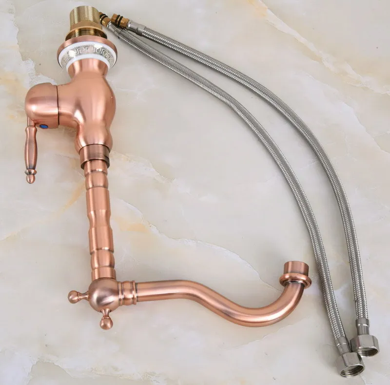 Antique Red Copper Brass Ceramic Base Kitchen Wet Bar Bathroom Vessel Sink Faucet Single Hole Swivel Spout Mixer Tap anf643