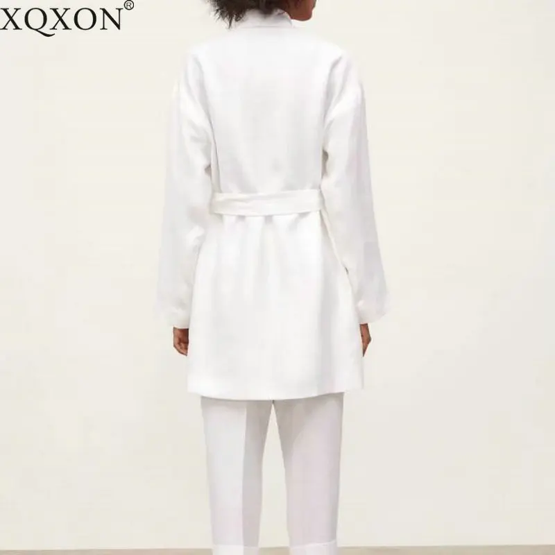 Женский комплект, белый комплект из двух предметов, маленький костюм, двубортный Длинный блейзер, Свободное пальто, эластичный пояс, прямые брюки, офисный комплект