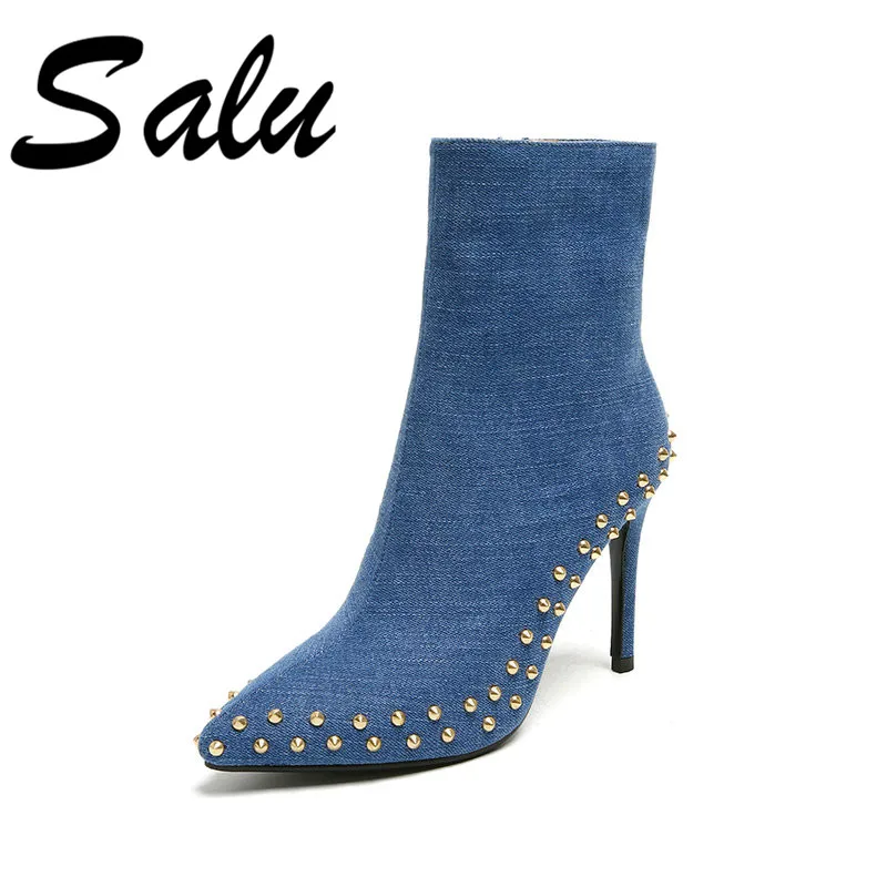 

Salu 2019 Winter Woman Boots Pointed Toe Shoes Zipper Women Ankle Boots Thin Heel Sewing Shoes Short Plush High Heels