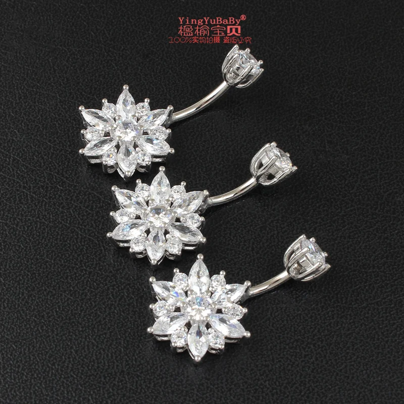 Kopen Belly button ring echte 925 sterling zilveren vrouwen bloem zirkoon clear stones body sieraden puur zilver body piercing gratis verzending