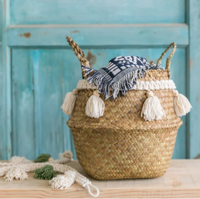 Украшение макраме плетеная корзина садовый цветочный горшок кабинет плетеная корзина для хранения домашняя корзина-Органайзер - Цвет: White tassel