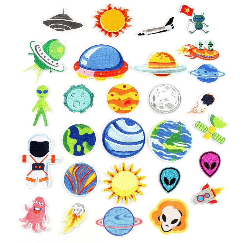 

28 Styles Planet Alien Embroidered Patches Iron On Clothing Moon Aliens Badge Patch Fabric Stickers DIY Apparel Accessories PZ25