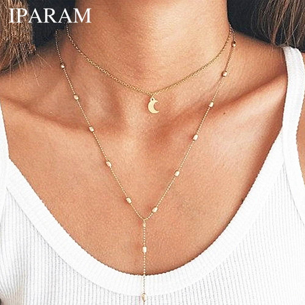 

IPARAM 2019 New Long Fringed Star Crescent Chokers Pendant Necklace Accessories For Women Jewelry Pendant Necklace