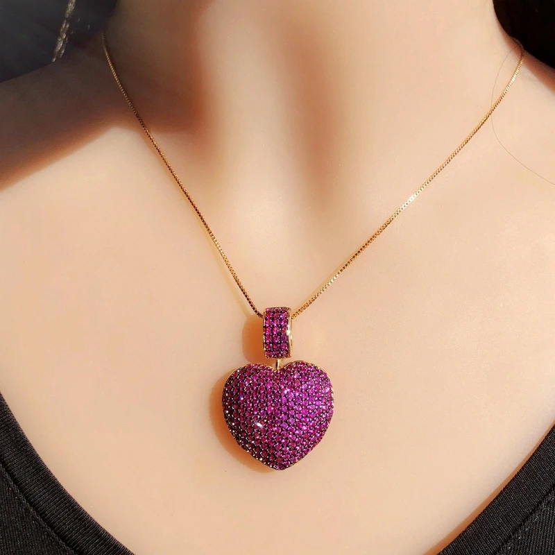 

Luxury Big Heart Shape Pendant Necklace Micro Paved Multicolor Zirconia Gold Color Chain Choker Statement Necklace Women Jewelry