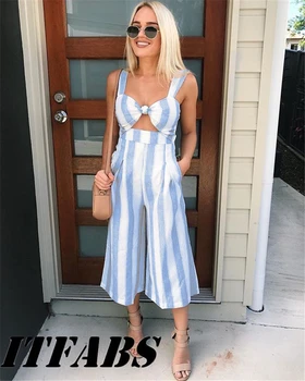 

Hot Selling Sexy Womens Striped Summer Jumpsuit Sleeveless Hollow Out Ladies Clubwear Long Trousers