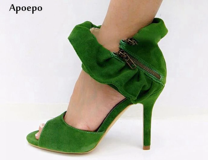 

New Woman Sexy Sandal Ruffles Peep Toe High Heel Shoes 2018 Summer Thin Heels Gladiator Sandal Cutouts Shoes Green Suede