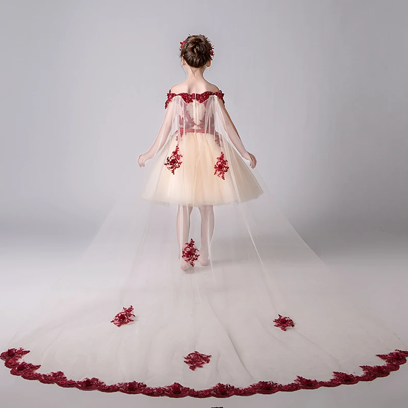 

Appliques Kids Dresses For Girls Shoulderless Floral Pageant Party Gowns Long Trailing Teenagers Princess Wedding Vestidos S114