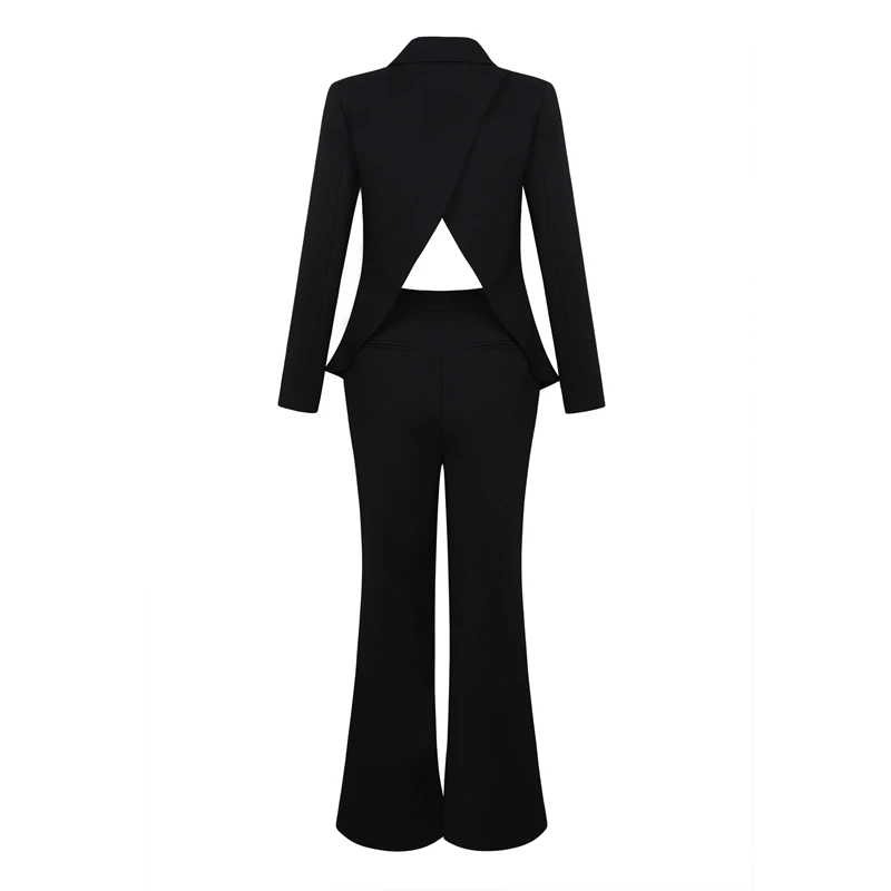 Bqueen 2018 Fashion V-Neck Sexy Blazers Formal Women Elegant Skinny Hollow Out Split Black White Two Pieces Pant Suits Set