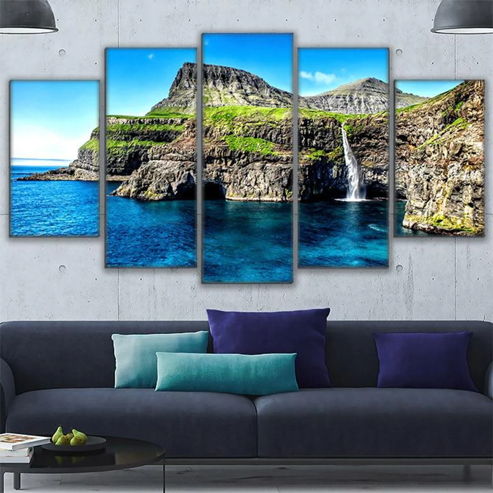 

HD Prints Canvas Wall Art Pictures Landscape Poster 5 Piece Paradise Is An Island Alpine Waterfall Painting Home Decor Framework