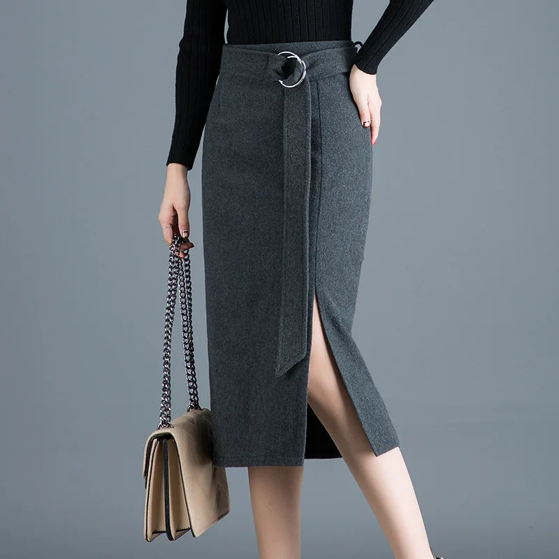 

Black High Waist Skirt For Women Autumn Winter Woolen Long Saia Side Split Sashes Elegant Elastic Slim Warm Skirts Ladies Falda