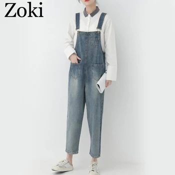 

Zoki Denim Women Jumpsuit Vintage Summer Loose Hole Suspenders Overalls Casual Pockets Long Pants Female Rompers Korean Jeans