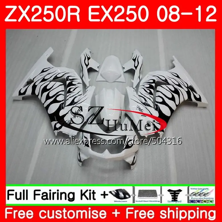 

Body For KAWASAKI NINJA ZX-250R EX 250 ZX 250R 08 09 10 11 12 1SH6 EX250 ZX250R 2008 2009 2010 2011 2012 Fairings black flames